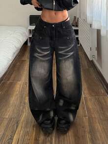 StreetHx 女士口袋宽松阔腿休闲百搭牛仔裤 - 黑色 - 查看 1