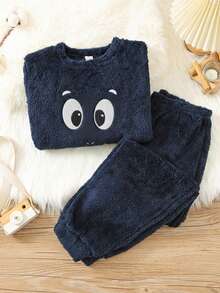 SHEIN 两件套男童卡通图案刺绣圆领长袖上衣和抽绳裤抓绒睡衣套装，秋冬季 - 藏蓝色 - 查看 5