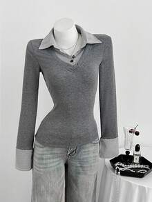 Elamini 女士休闲合身针织条纹衬衫 - 灰色 - 查看 1