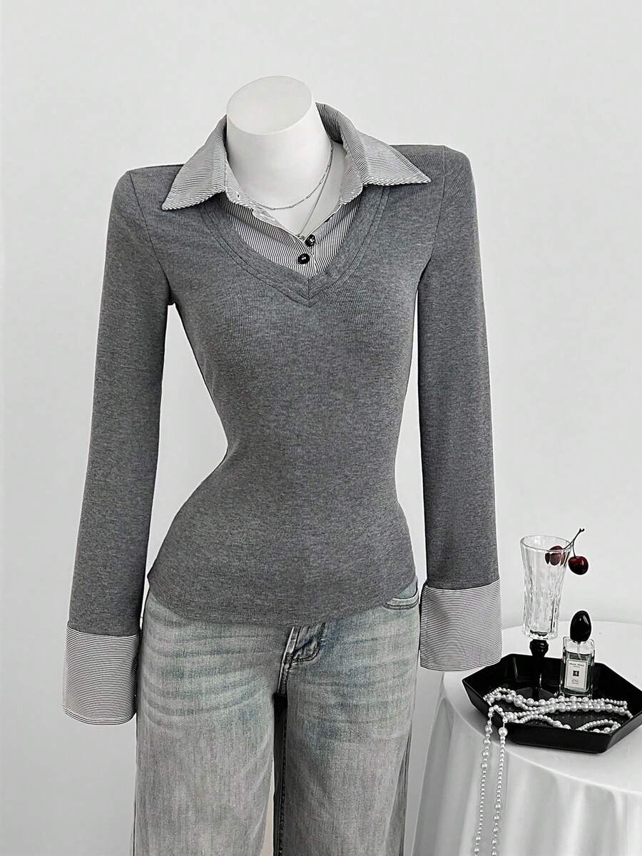 Elamini 女士休闲合身针织条纹衬衫 - 灰色 - 查看 1