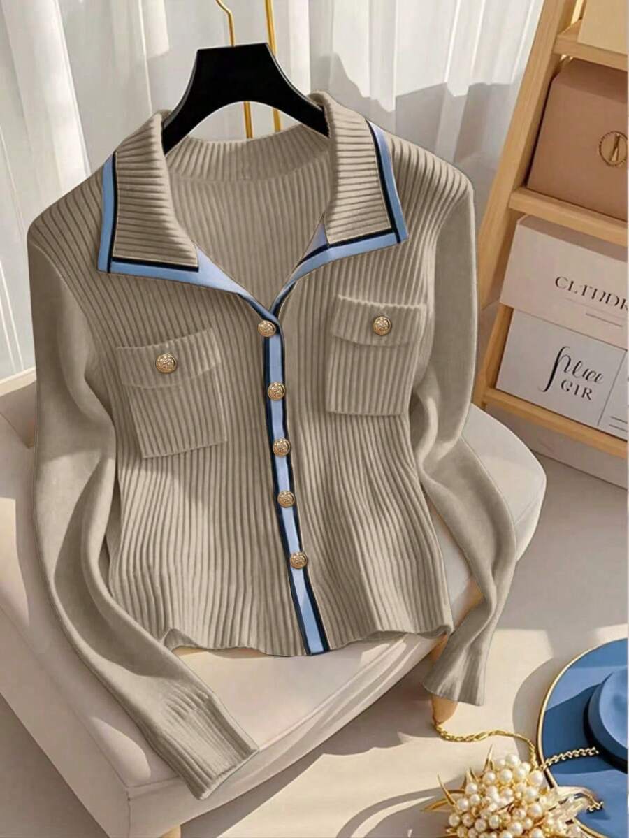 Franclia New Autumn Slim Fit V-Neck Contrast Color Elegant Cardigan For Women - Khaki - View 1