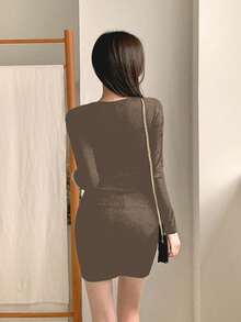 DAZY Women Square Neck Long Sleeve Solid Color Casual Mini Dress Sundress - Brown - View 4