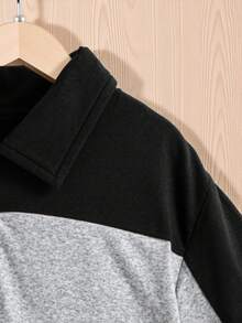 SHEIN Explorewe Tween Boy Summer Casual Daily Commute Sports College Style Contrast Color Half Zip Polo Shirt And Shorts Set - Black - View 3