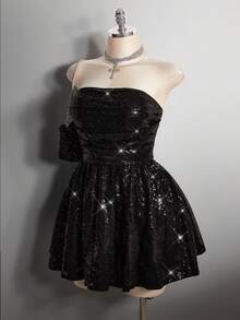 SHEIN ICON 大码女式亮片装饰无肩带派对连衣裙 - 黑色 - 查看 4