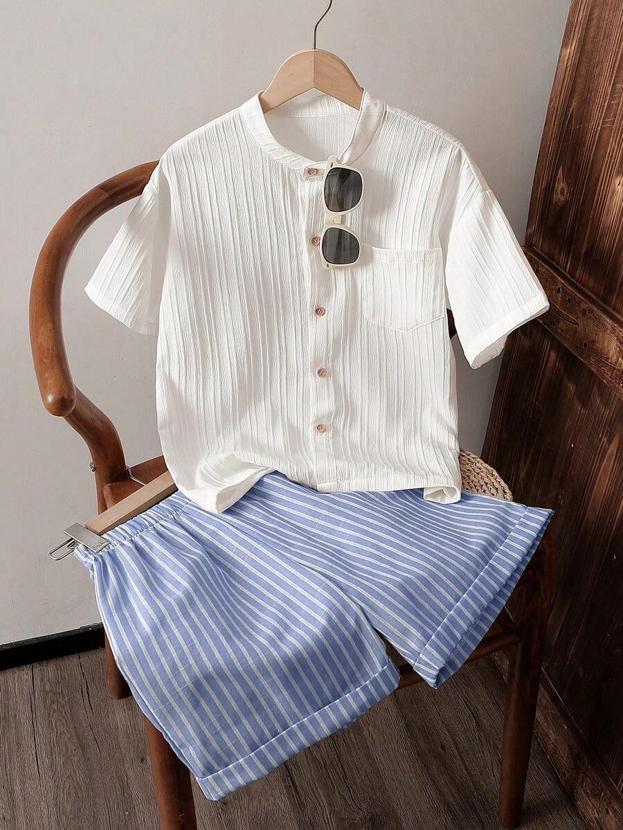 SHEIN Vintaside Kids 2件套 青少年男童通勤休闲条纹立领衬衫和条纹短裤,舒适时尚 - 藍色 - 查看 1