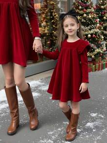 Emery Rose Kids 少女纯色针织柔软圆领荷叶边收腰长袖连衣裙，天鹅绒材质，A字裙摆，优雅长袖蛋糕裙，适合生日派对、度假、秋冬季休闲日常穿着及上学，也适合圣诞节、母女装、姐妹装等场合。 - 紅色 - 查看 9
