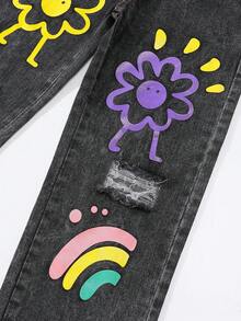 SHEIN Explorewe Tween Girl Graffiti Ripped Wide Leg Jeans, Loose Cute Straight Leg Pants - Dark Grey - View 7