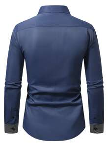 Manfinity Mode Plus Size Men's Patchwork Plaid Cuff Single-Breasted Casual Commuter Shirt - Navy Blue - View 2