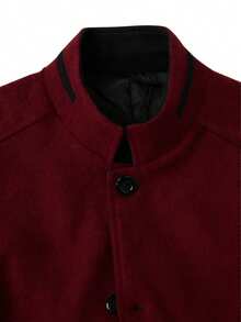 Manfinity Homme 男士休闲单排扣立领羊毛混纺大衣，秋冬款 - 酒紅色 - 查看 6