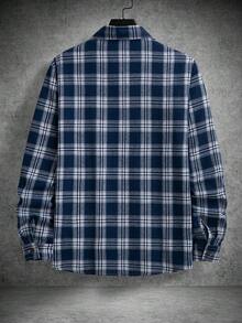 Manfinity Homme 男士休闲格子印花长袖衬衫 男士纽扣衬衫 男士格子衬衫 格子衬衫外套 男士休闲衬衫 格子长袖衬衫 - 藍色 - 查看 2