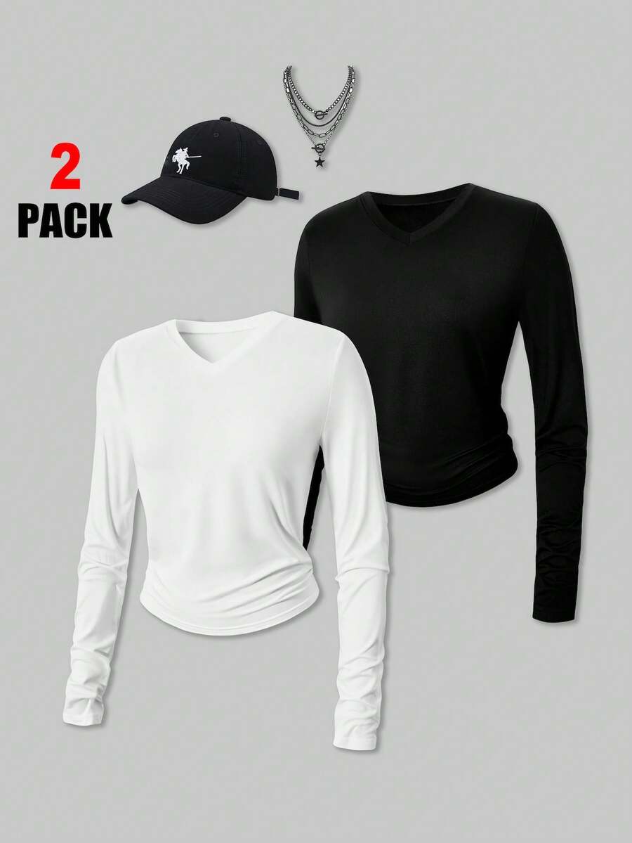 SHEIN Explorewe 2pcs/Set Girls Casual Minimalist Versatile Comfortable Small High Collar Horse Print Long Sleeve T-Shirt - Black and White - View 1