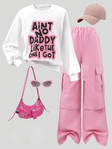 SHEIN ChillGRL 2 件套 Tween Girl 口号印花字母白色圆领运动衫搭配时尚休闲卡其色工装裤，休闲街头风格 - 粉色 - 查看 9