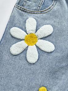 SHEIN ChillGRL Tween 女童时尚雪花刺绣阔腿水洗牛仔裤，适合春夏秋冬 - 淺色水洗藍 - 查看 8