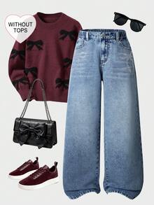 SHEIN ChillGRL Teen Girl Fashion Distressed Rhinestone Butterfly Loose Wide-Leg Jeans, Suitable For Autumn/Winter Casual Outings, School, Parties, Back To School Season Jeans Wide Leg Baggy Jeans Y2k Friends Cherry - Light Wash - View 1