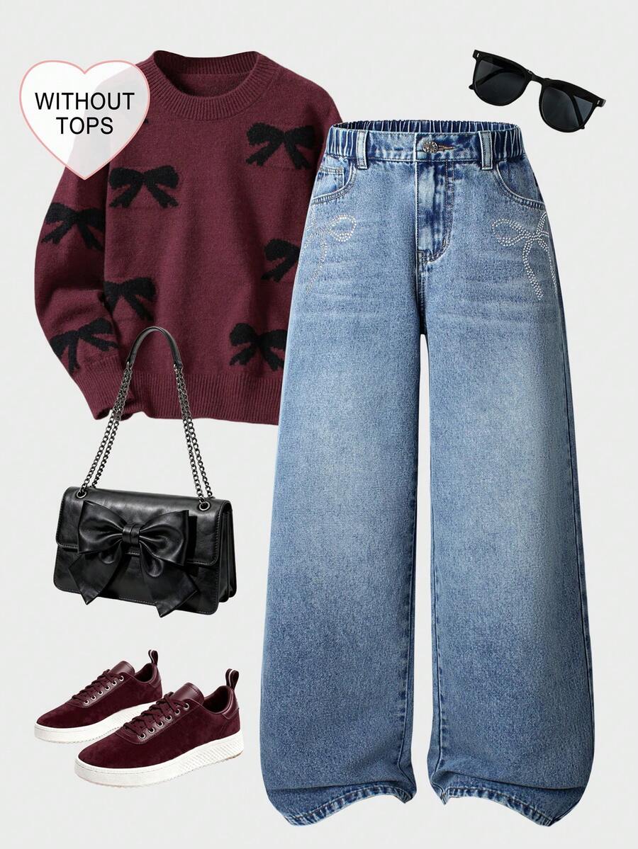 SHEIN ChillGRL Teen Girl Fashion Distressed Rhinestone Butterfly Loose Wide-Leg Jeans, Suitable For Autumn/Winter Casual Outings, School, Parties, Back To School Season Jeans Wide Leg Baggy Jeans Y2k Friends Cherry - Light Wash - View 1