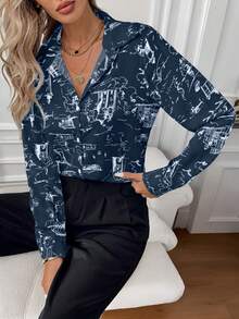 SHEIN Unity Women's Casual All-Over Print Long Sleeve Shirt, Autumn