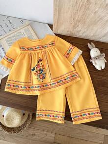 SHEIN 2pcs/Set Baby Girls' Casual Pattern Print Top And Pants Set, Suitable For Spring/Summer, Home, Outdoor, Holiday, Party, Daily Wear - Multicolor - View 12