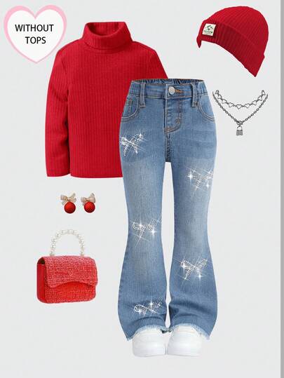 Young Girl' Y2K Sparkling Bow Rhinestone Decor Blue Denim Elastic Skinny Flare Pants,Fall Clothes,Winter Clothing ,Casual And Fashionable Vacation Outfits,Street Wear,2000s Style ,Christmas  Denim  Bell Bottom