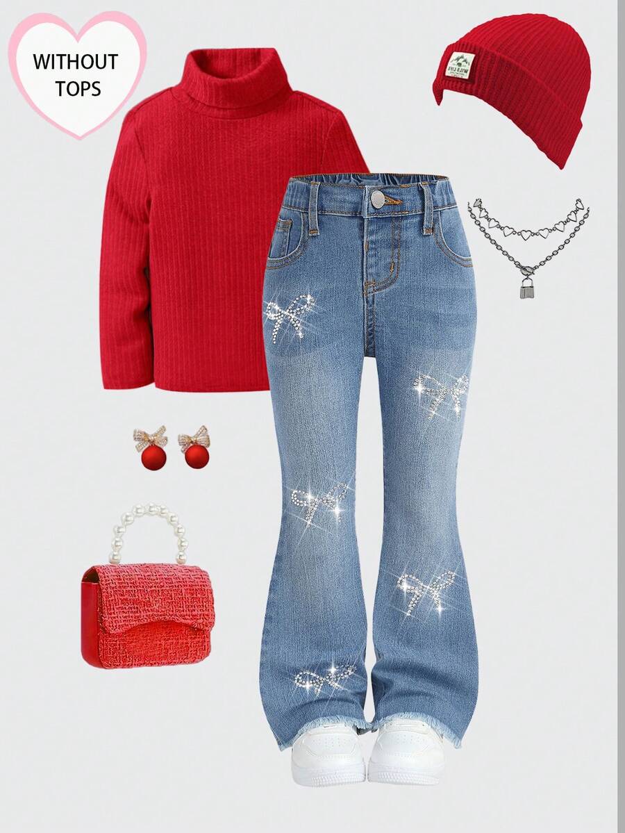 女童闪亮蝴蝶结水钻装饰蓝色牛仔弹力修身喇叭裤 - 中等水洗藍 - 查看 1