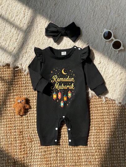 SHEIN 1pc Newborn Baby Boys & Girls Casual Minimalist Black Jumpsuit With Chest Print Decor, Paired With Headscarf, Suitable For Spring/Autumn Street, Casual, Daily Wear