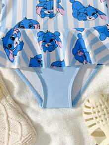 SHEIN 女婴连体防晒泳衣，外星狗印花长袖拉链泳衣，可爱荷叶边装饰 女婴长袖泳衣 女婴防晒泳衣 女婴防晒泳衣 女婴防晒泳衣 儿童泳装 - 藍色 - 查看 5