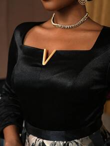 Lunelith SHEIN Lunessa Women's Elegant Black Dress With Gold Jacquard A-Line Silhouette - Black - View 4