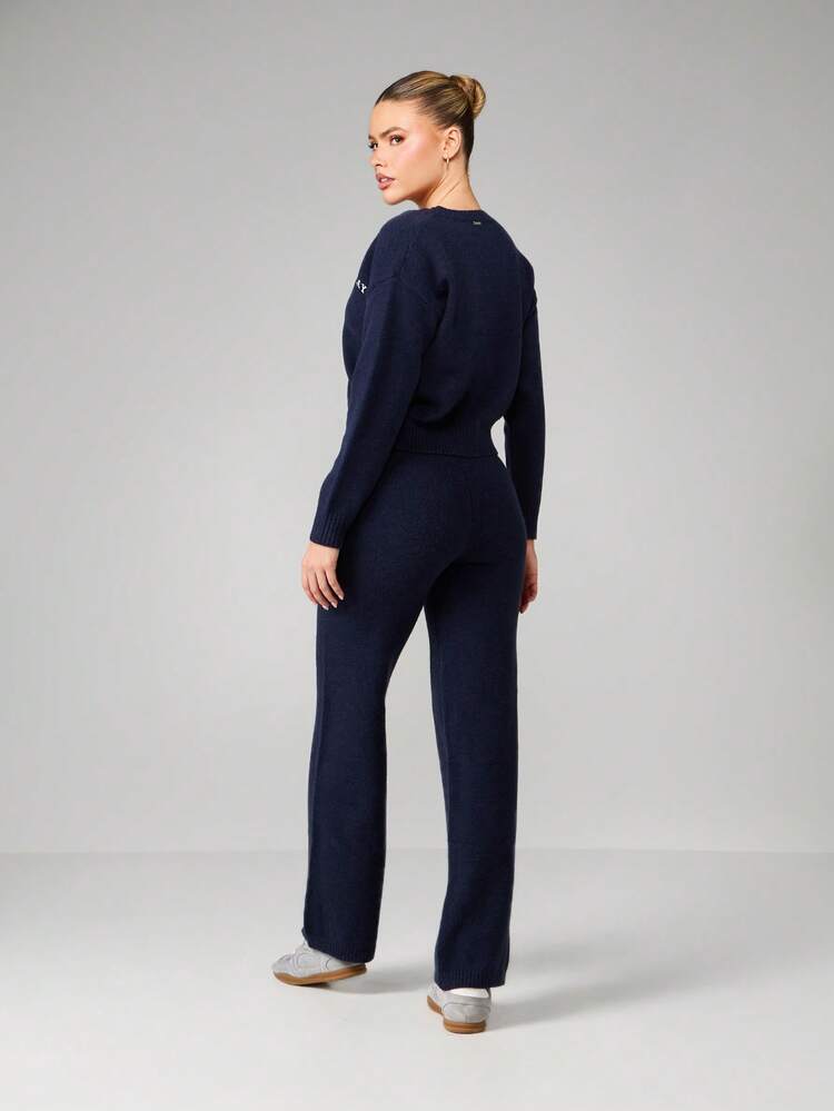 Missguided x Playboy Navy Knitted Cardigan And Wide Leg Trousers Co-Ord Set With Button Front And Logo Embroidery For Casual Autumn Winter Wear