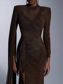 Elitara Elegant Luxurious Stretchy Mesh Sleeve Ruffle Hem Sexy Slit Fishtail Dress With Sequins, Suitable For Weddings, Events, Singles Parties, Vacations, Galas, Formal Occasions - Coffee Brown - View 2