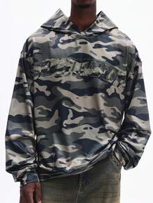 SUMWON Applique Camouflage Pullover Hoodie With Graphic Text Long Sleeve Casual Streetwear Winter Fall Oversized Fit - Army Green - View 5