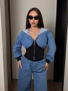 Jeanoix Women's Autumn Color Block Drop Shoulder Long Sleeve Zip Front Casual Hooded Denim Jacket - Blue - View 7