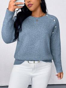 SHEIN PETITE CURVE Suéter feminino plus size de cor sólida com gola redonda, manga raglan e botões, ideal para outono/inverno. - Azul - Ver 3