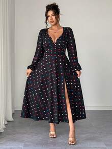 Elenzga Plus Size V-Neck Heart Print Slit Hem Dress - Multicolor - View 3