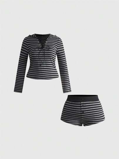 Plus Size Women American Style Black & Gray Striped Eyelet Lace-Up Hoodie And Shorts Casual Set