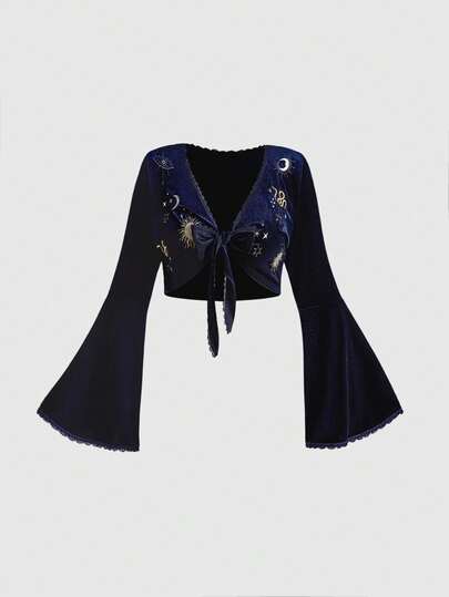 Hippie Plus Size Women Witch Moon & Star Embroidered Velvet Flare Sleeve Top