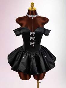New Year & Valentine's Day Party/Date Off-Shoulder Rhinestone Bow Decor Bodycon Mini A-Line Dress Y2k Dress Black Satin Dress - Black - View 2