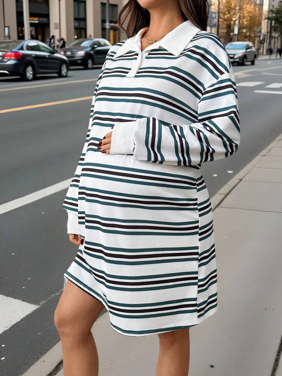 SHEIN 孕妇休闲宽松条纹V领长袖连衣裙 - 綠色 - 查看 1