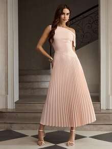 ZEYLAH Vestido plisado de hombro elegante para oficina de mujer - Rosa - Ver 4