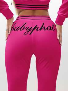 BABYPHAT Quần thể thao nữ ôm vừa vặn bằng nhung có viền tương phản, cạp chun, sọc hai bên, quần dài thể thao thường ngày - Màu Hồng Tươi - Xem 2