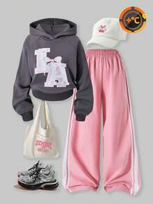 SHEIN ChillGRL 2件套青少年女孩休闲保暖连帽衫和阔腿裤套装 - 彩色 - 查看 1