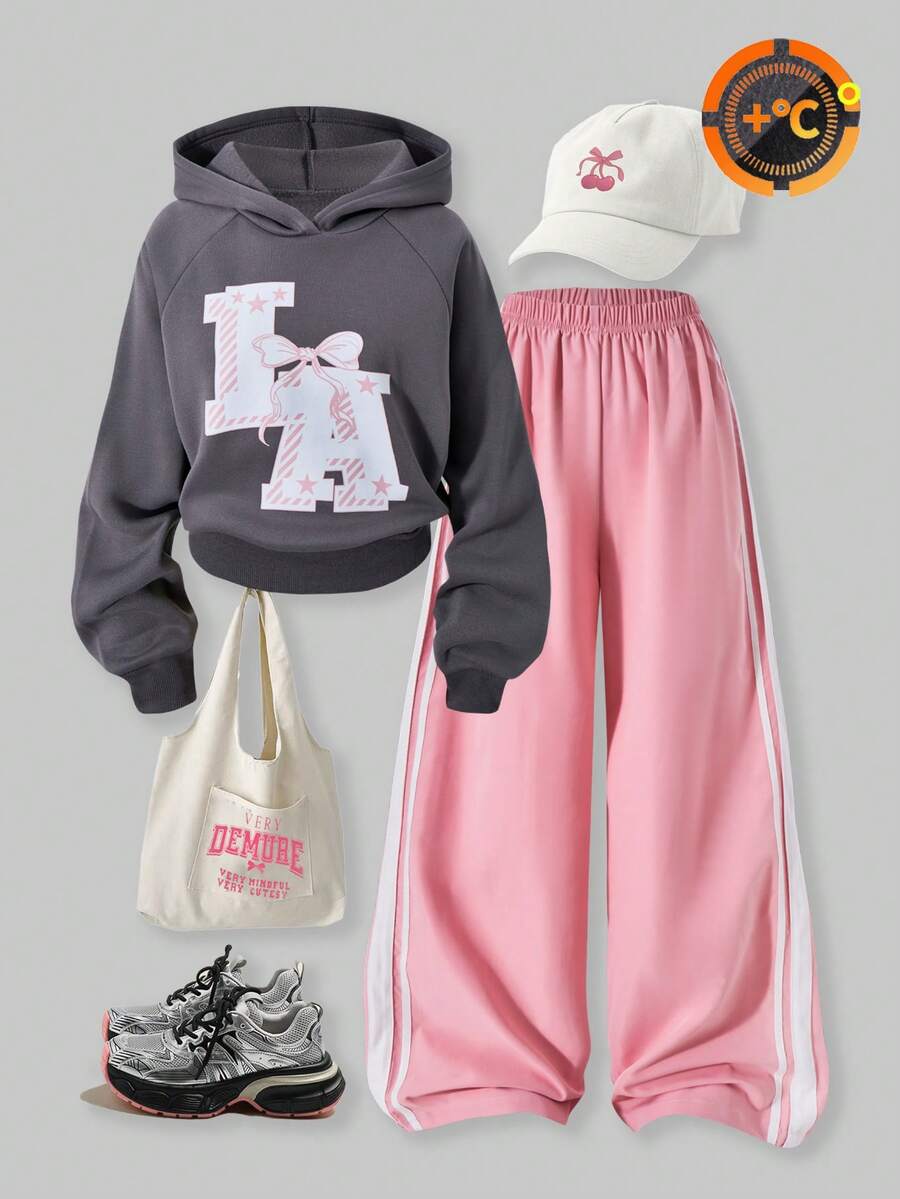 SHEIN ChillGRL 2件套青少年女孩休闲保暖连帽衫和阔腿裤套装 - 彩色 - 查看 1