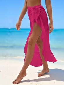 Swim Vcay Solid Color Ruffle Hem Slit Up To Thigh Skirt Coverup - Hot Pink - View 3