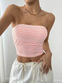 SHEIN PETITE 女士条纹抹胸上衣，夏季时尚 - 粉色 - 查看 5