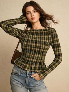 Poéselle 女士时尚休闲格子图案船领长袖衬衫，绿色上衣，优雅女式衬衫，休闲女装，新年女装，适合日常穿着、外出、通勤，秋冬格子上衣 - 綠色 - 查看 5