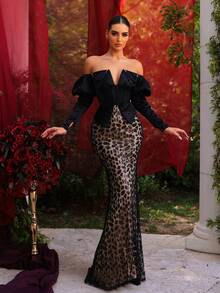 Glamrae Elegant Luxurious Woven Satin Patchwork Beaded Embroidered Off-Shoulder Floral Sleeve Sequins Fishtail Hem Formal Gown For Wedding,Gala,Party,Concert - Black - View 4