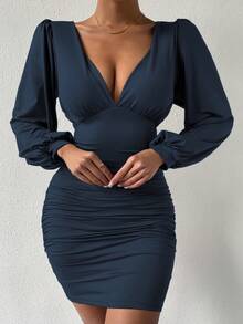 Almamuse Vestido de mujer de moda, sexy, de unicolor, con pliegues y cuello en V de manga larga - Azul Marino - Ver 5