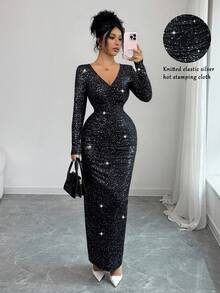 Elenzga Women's Elegant Black Sequin V-Neck Ruched Fitted Midi Dress,Polka Dot Knit Stretchy Fabric,Autumn Day Party Chic Design,Flattering Silhouette - Black - View 3