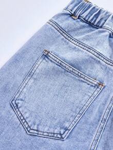 SHEIN ChillGRL 少女宽松牛仔裤，少女阔腿牛仔裤，新款刺绣蝴蝶结直筒裤，宽松版型女童牛仔裤，女童蝴蝶结牛仔裤，粉色蝴蝶结牛仔裤，牛仔女童休闲时尚，适合上学、日常、假期、户外活动和度假穿着，女童蝴蝶结牛仔裤，女童牛仔裤秋冬套装 - 藍色 - 查看 3