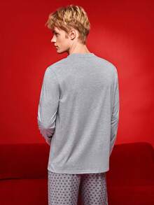 Manfinity Underwear&Sleepwear Basics 长袖“SLEEP”图案柔软舒适男士睡衣上衣，冬季款 - 淺灰色 - 查看 2