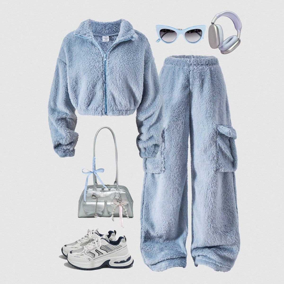 Set de 2 piezas de chaqueta de cuello alto suelta y casual de felpa suave + pantalones con bolsillo cargo para niñas preadolescentes, adecuado para u