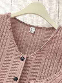 SHEIN 2pcs/Set Teenage Cerise Pink Dress & Textured Cardigan,Autumn Casual Graduation Outfit,Button Front Long Sleeve Collared School Party Vacation Dress - Pink - View 3